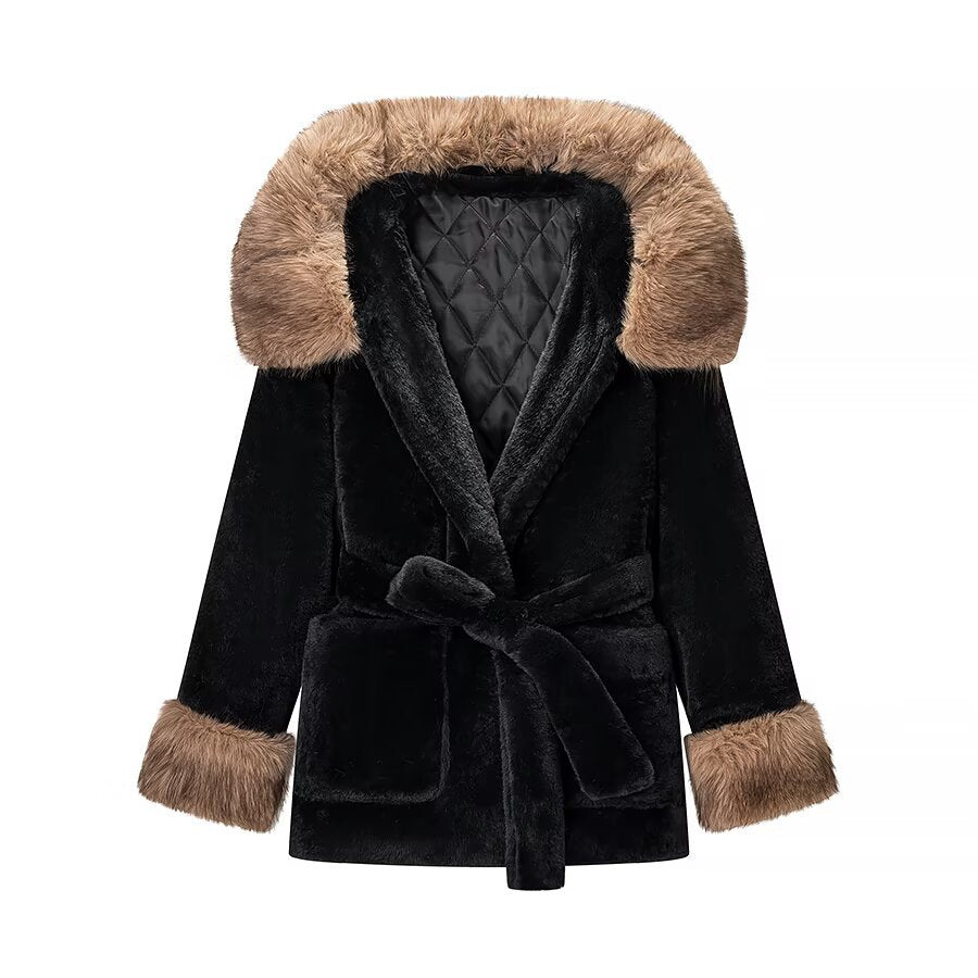 Veste d’Hiver Ceinturée à Capuche Effet Fourrure