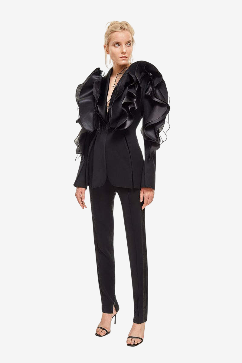Blazer Nocturne à Volants Sculptés – Femme