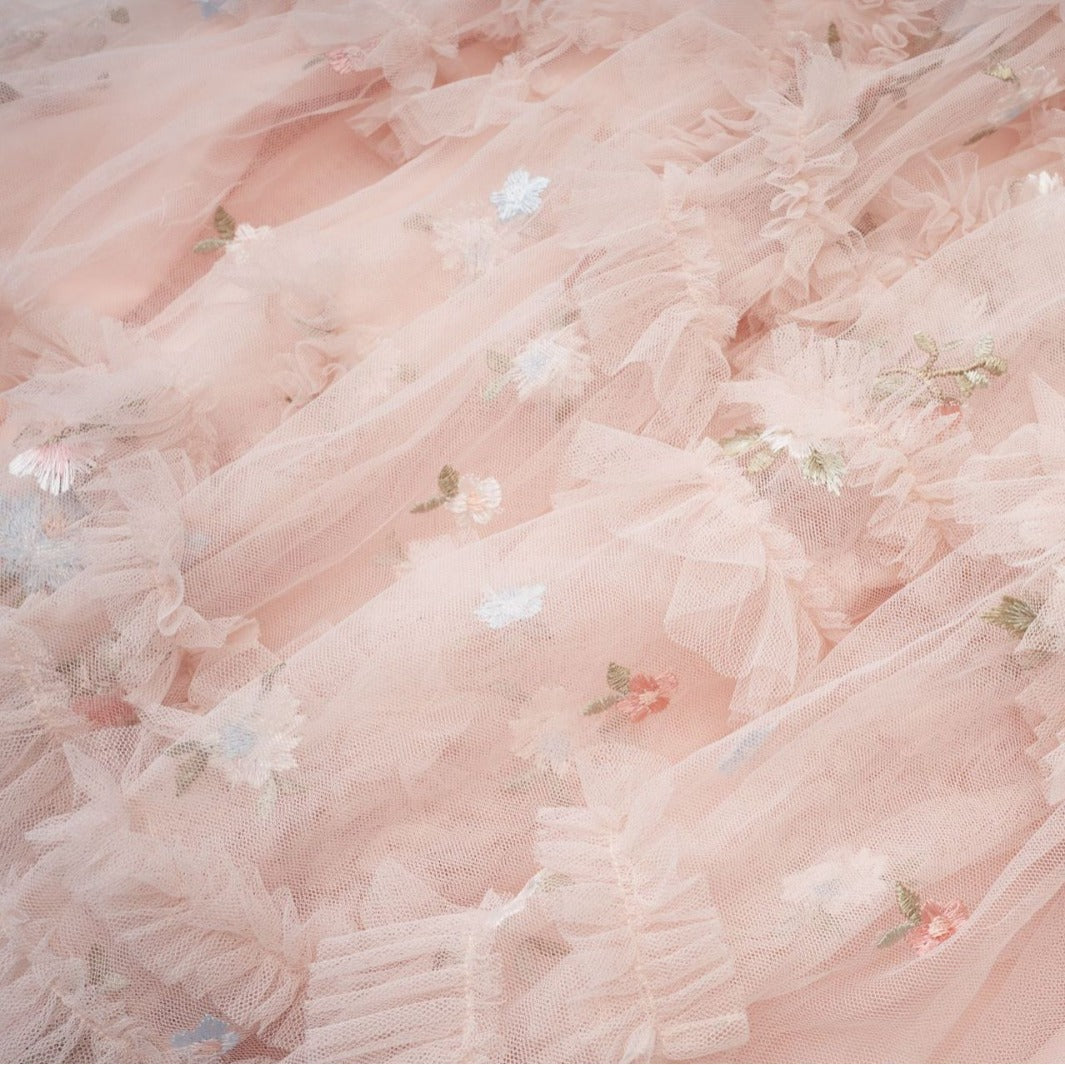 🪽 Robe Longue « Rosée des Anges » – Tulle Brodé Rose Poudré