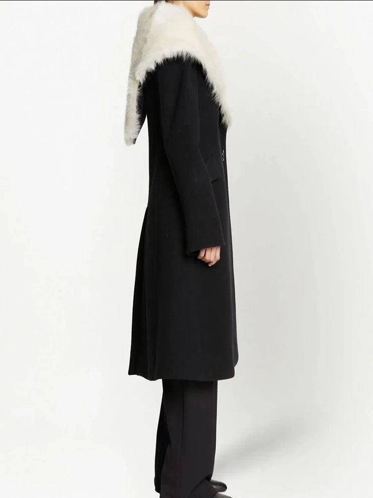 Manteau Impérial de l’Hiver Noir – Grand Col Fourrure & Coupe Longue