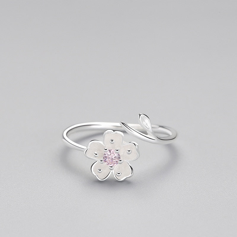 Bague Fleur de Prunier – Argent 925, Zircons & Émail