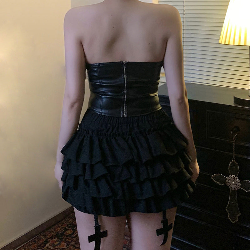 Bustier Gothique Noir Effet Cuir & Fourrure – Triple Boucles