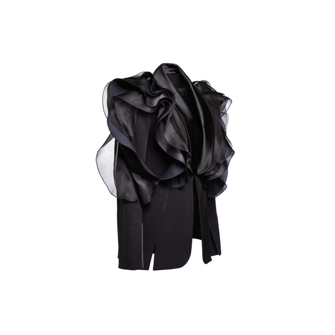 Blazer Nocturne à Volants Sculptés – Femme