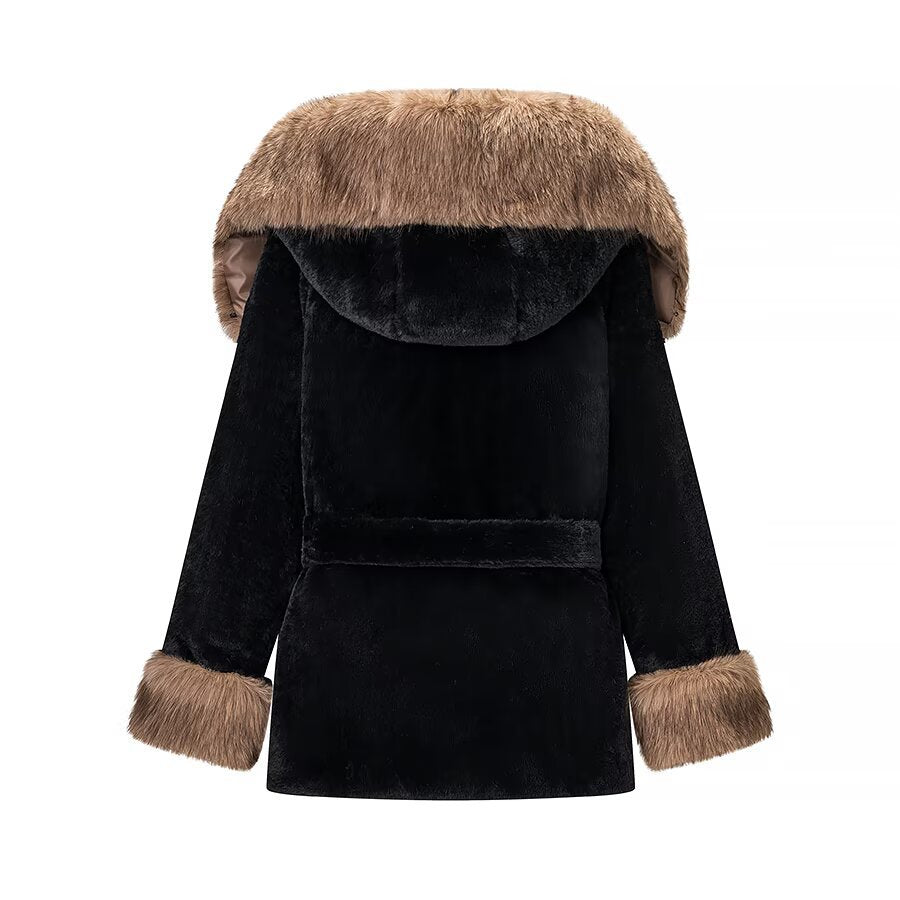 Veste d’Hiver Ceinturée à Capuche Effet Fourrure