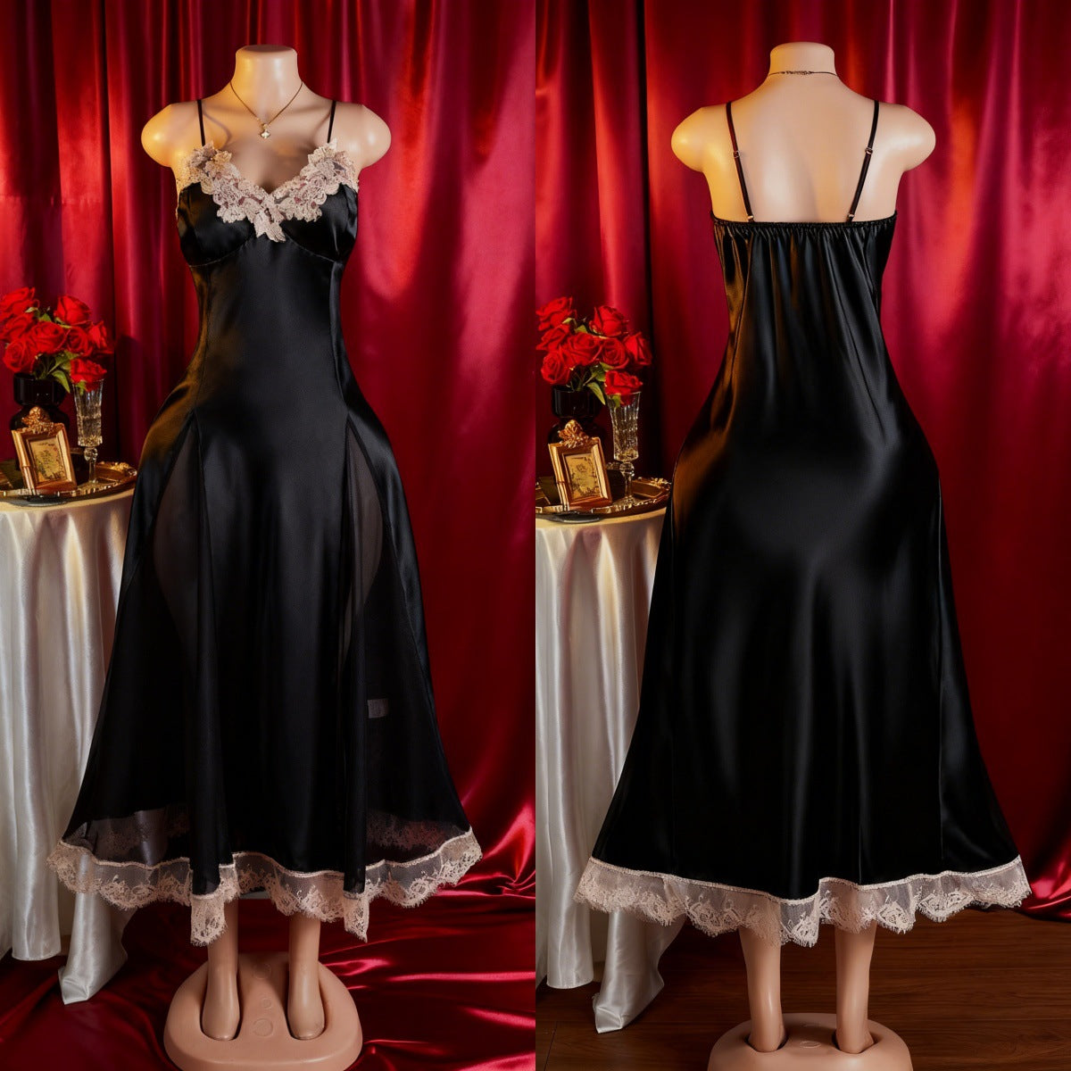 🩸 Étreinte de Minuit — Robe Satinée à Dentelle