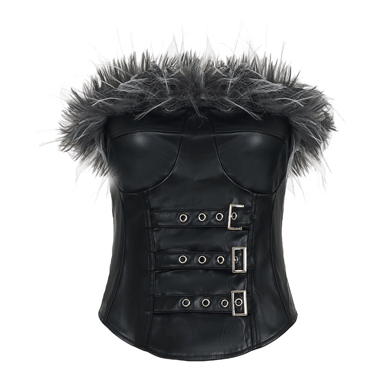 Bustier Gothique Noir Effet Cuir & Fourrure – Triple Boucles