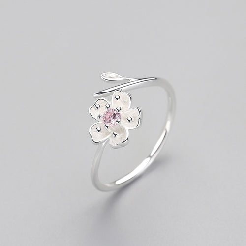 Bague Fleur de Prunier – Argent 925, Zircons & Émail