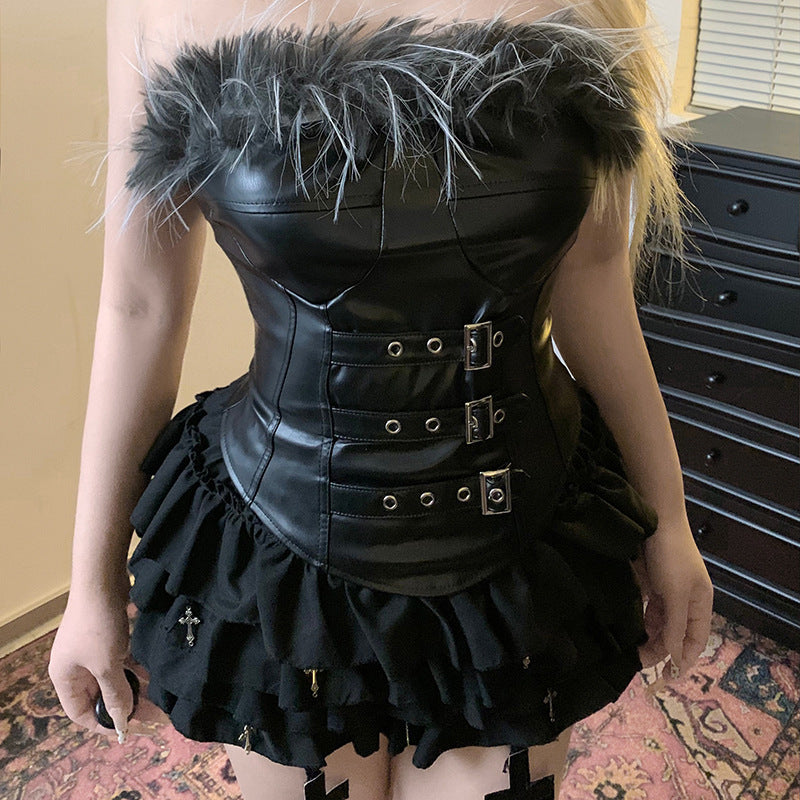 Bustier Gothique Noir Effet Cuir & Fourrure – Triple Boucles