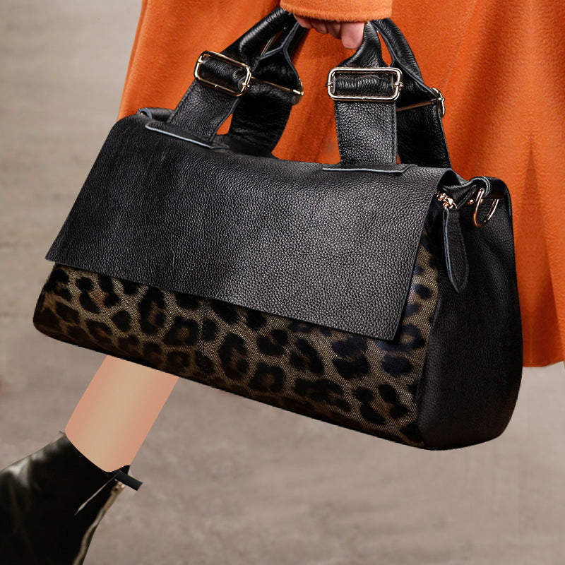 Nocturne Fauve – Sac à Main en Cuir Noir & Léopard