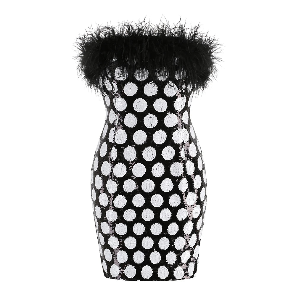 Cabaret der Schatten Kleid – Schwarz-weiße Punkte & Federn