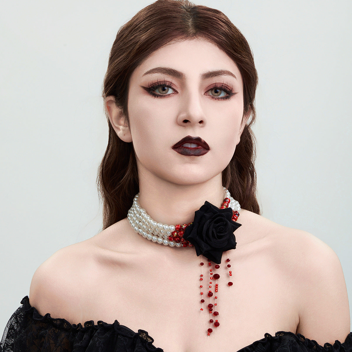 Parure Gothique Rose Noire & Gouttes de Sang