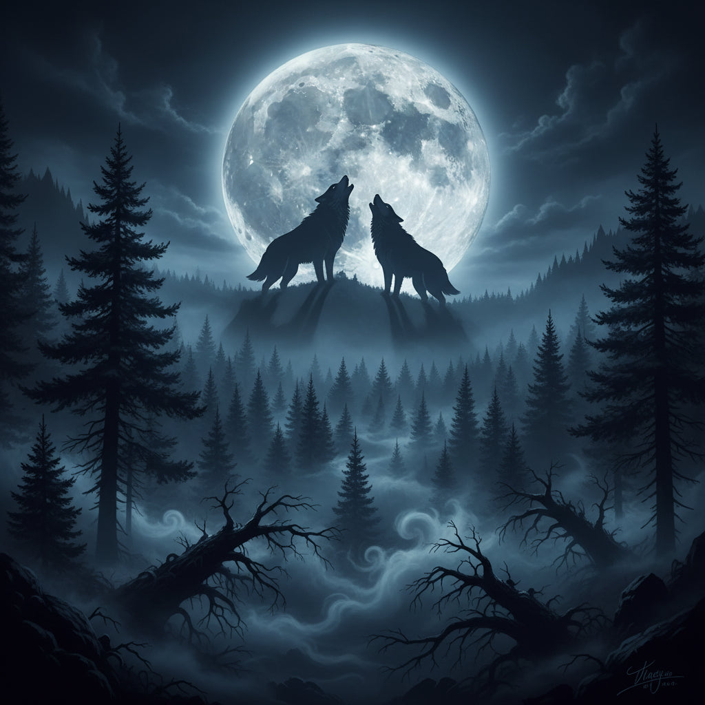 Bougie Wolf Moon posée sur une tranche de bois avec packaging Greenman Rituals