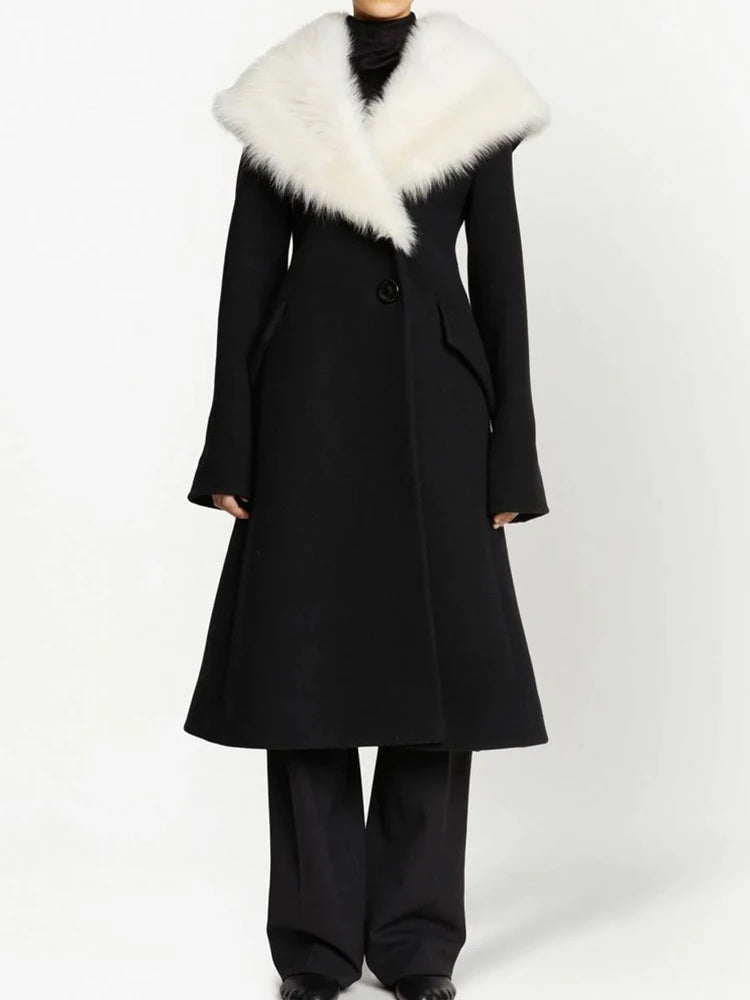 Manteau Impérial de l’Hiver Noir – Grand Col Fourrure & Coupe Longue