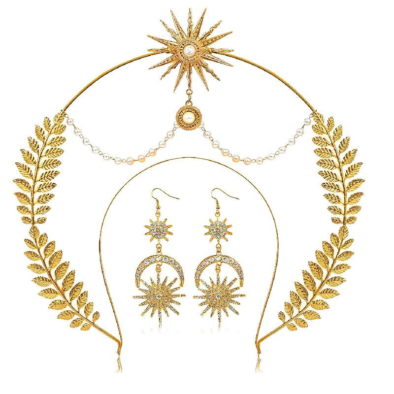 Couronne Céleste Dorée & Boucles d’Oreilles – Déesse Solaire