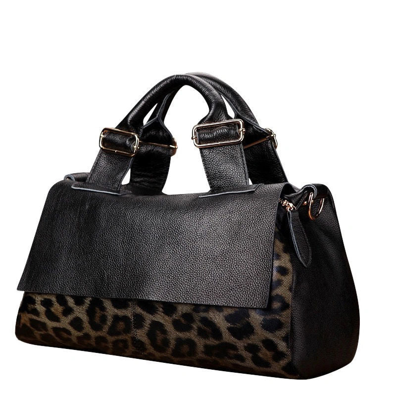 Nocturne Fauve – Sac à Main en Cuir Noir & Léopard