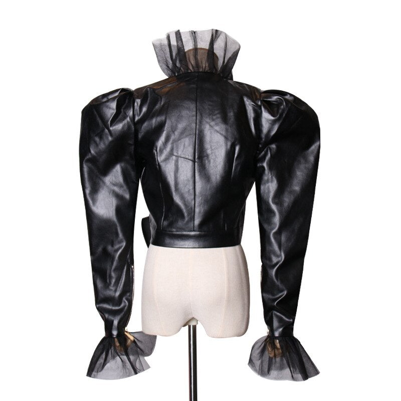 Veste Victorienne Noire en Similicuir – Manches Bouffantes & Nœud