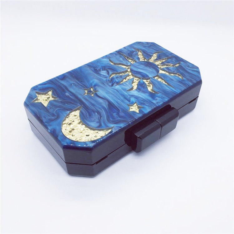 🌙 Minaudière Céleste Soleil & Lune – Bleu Nuit Doré