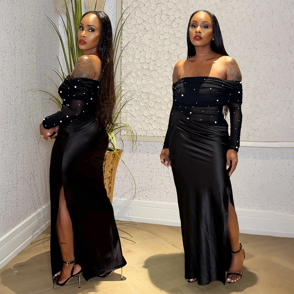 Robe Longue Noire Épaules Dénudées & Fente – Éclat Nocturne