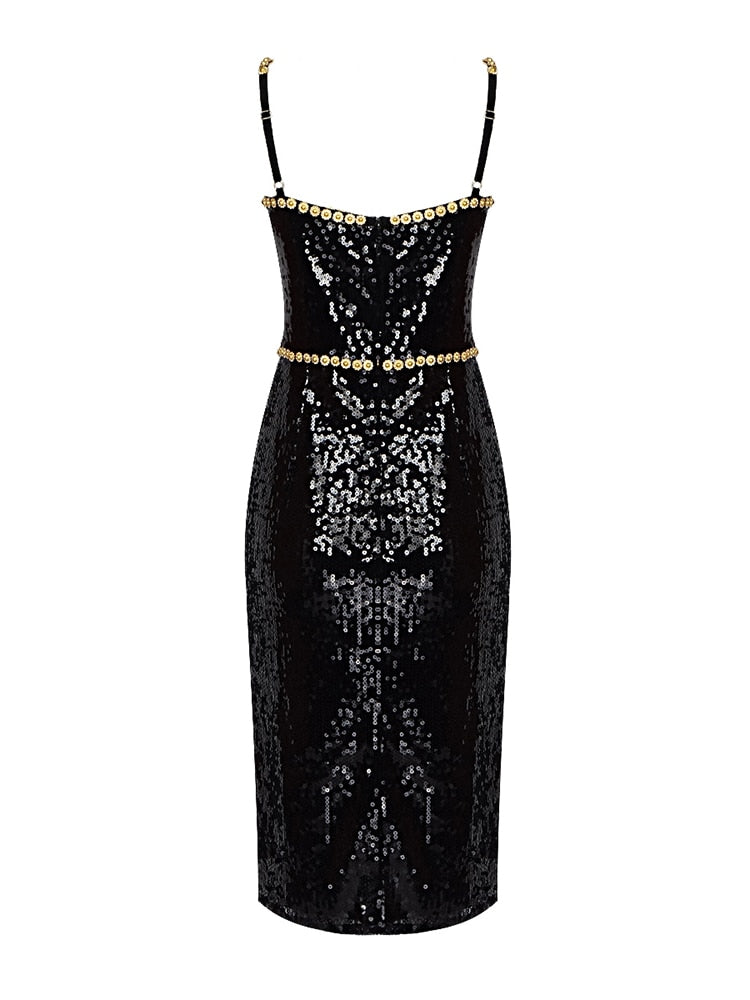 Robe de soirée noire à sequins & ornements dorés – Élégance nocturne