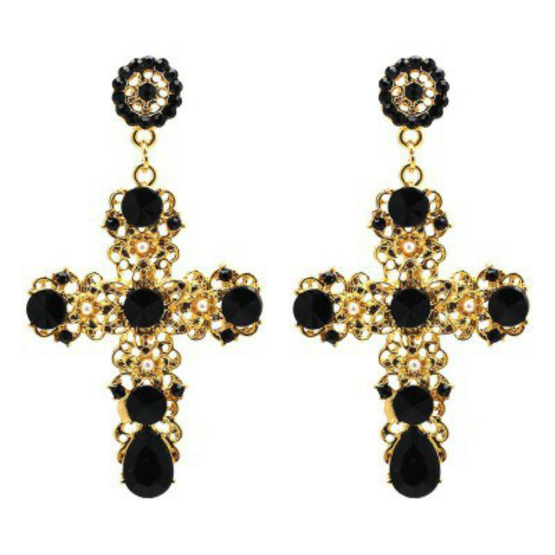 Midnight Crosses — Black & Gold Baroque Earrings
