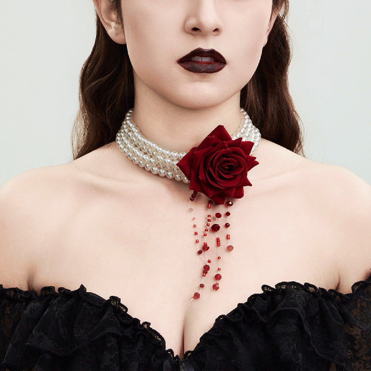 Parure Gothique Rose Noire & Gouttes de Sang
