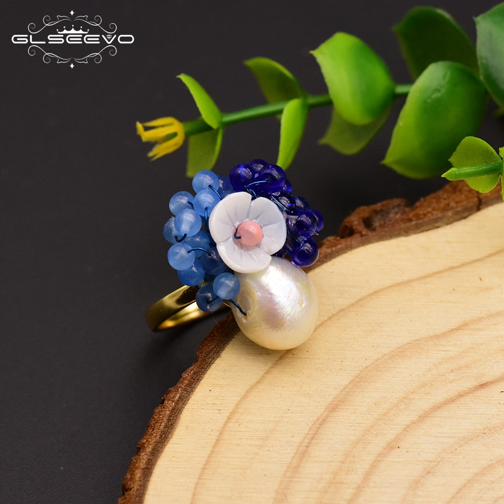💍 Bague Fleur des Abysses – Perle naturelle & éclats bleus