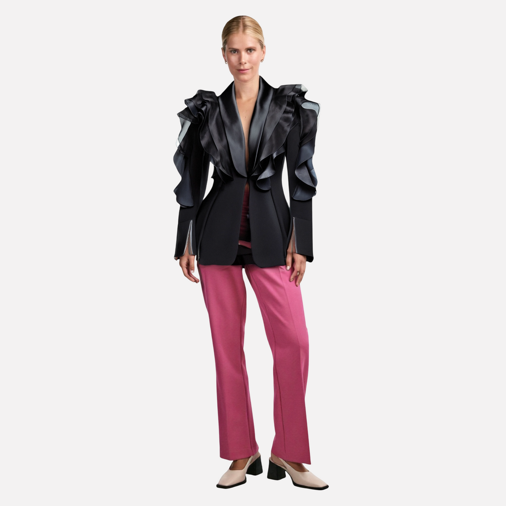 Blazer Nocturne à Volants Sculptés – Femme
