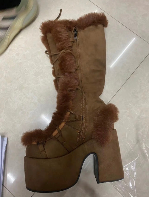 Bottes Impériales de l’Hiver Noir – Fourrure & Plateforme