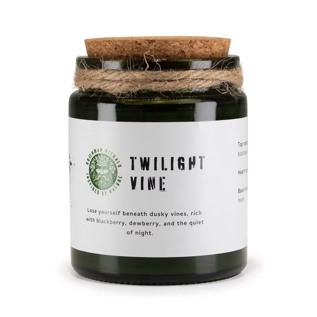 Bougie soja Twilight Vine en pot de verre vert avec bouchon en liège