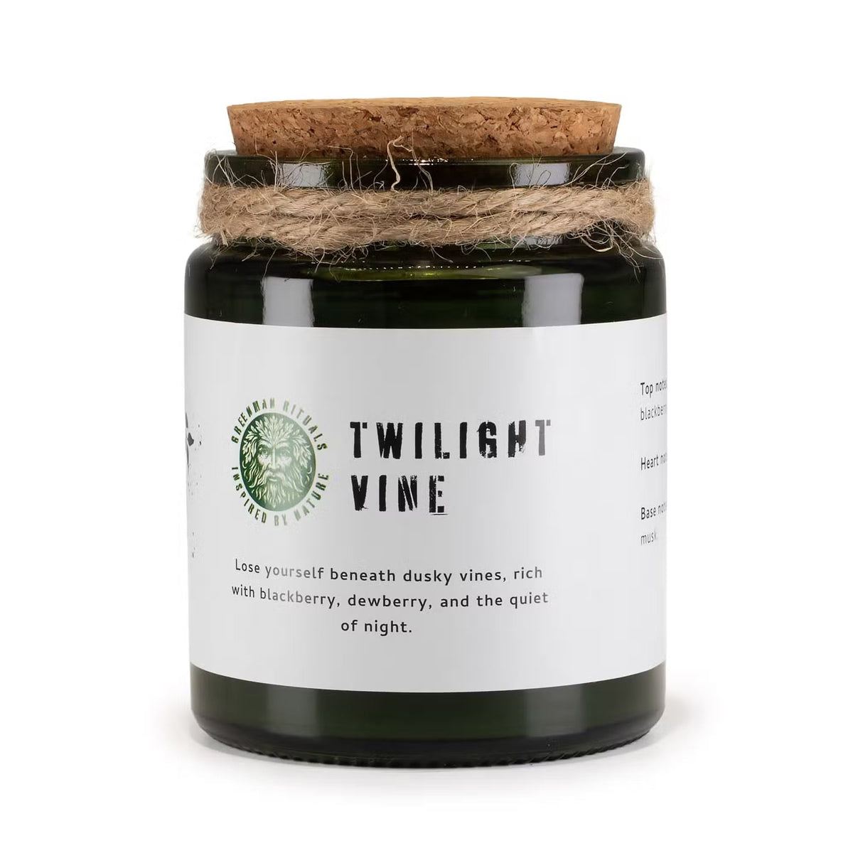 Bougie soja Twilight Vine en pot de verre vert avec bouchon en liège
