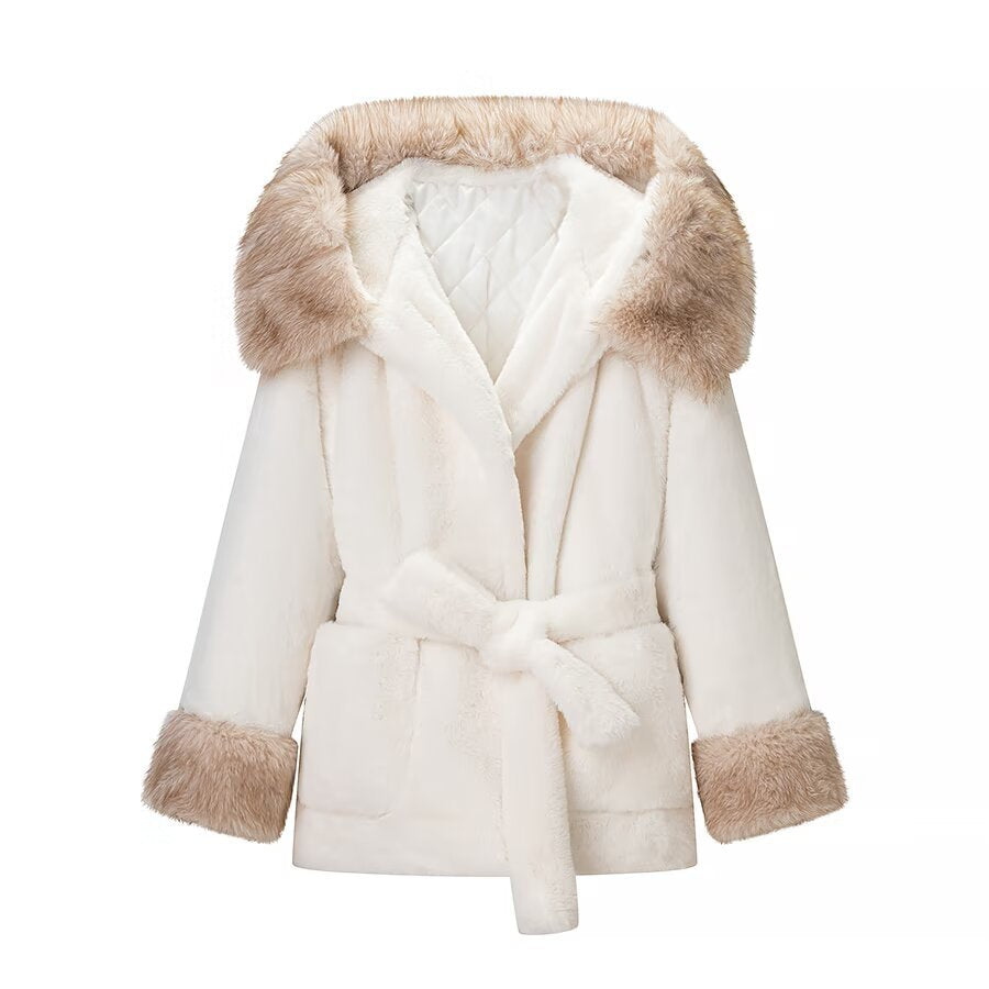 Veste d’Hiver Ceinturée à Capuche Effet Fourrure