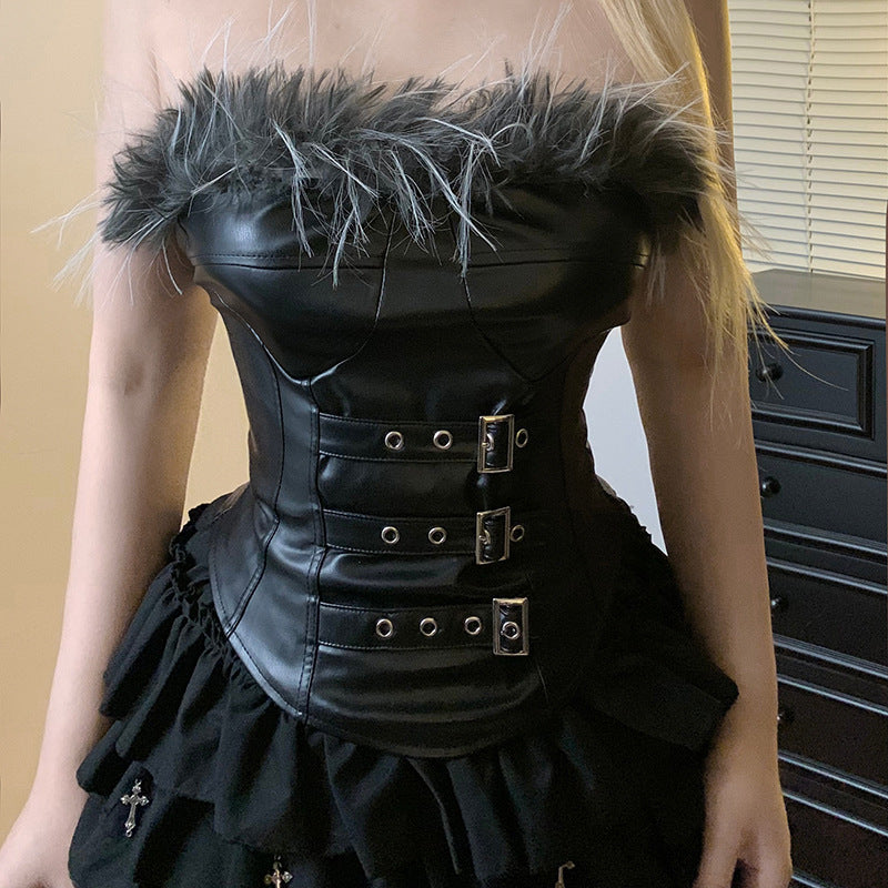 Bustier Gothique Noir Effet Cuir & Fourrure – Triple Boucles