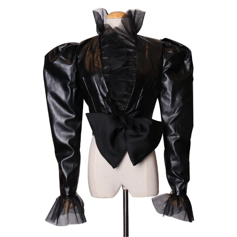 Veste Victorienne Noire en Similicuir – Manches Bouffantes & Nœud