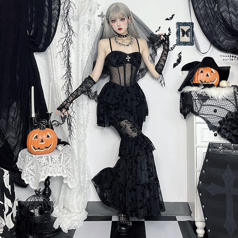 Robe longue gothique en mousseline noire