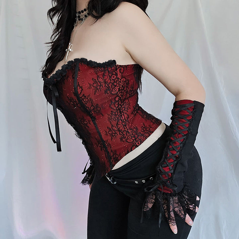 Bustier Corset Rouge & Noir en Dentelle – Étreinte Vampirique