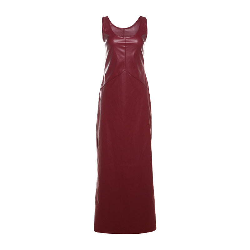Robe longue Nocturne – effet cuir noir & bordeaux