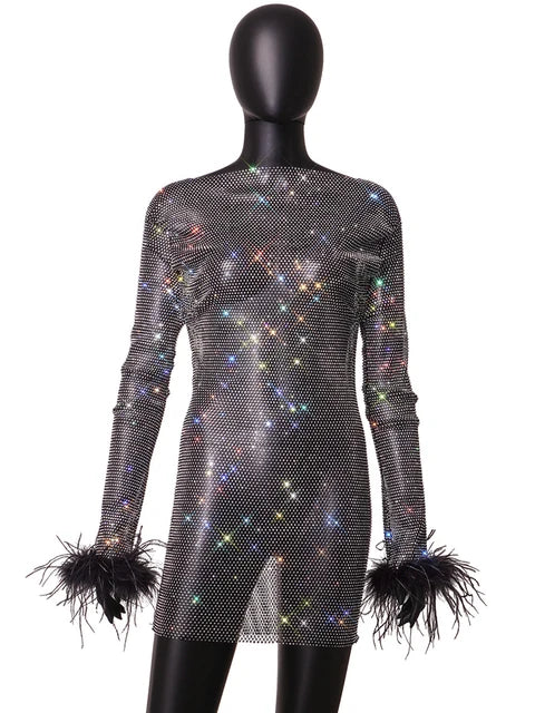 Robe Ange de Givre – Strass Scintillants & Plumes