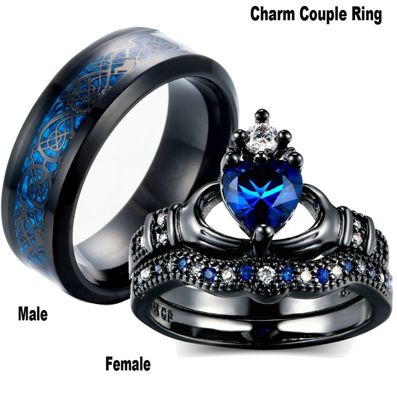 Serment des Glaces – Bagues de Couple Noires & Zircon Bleu