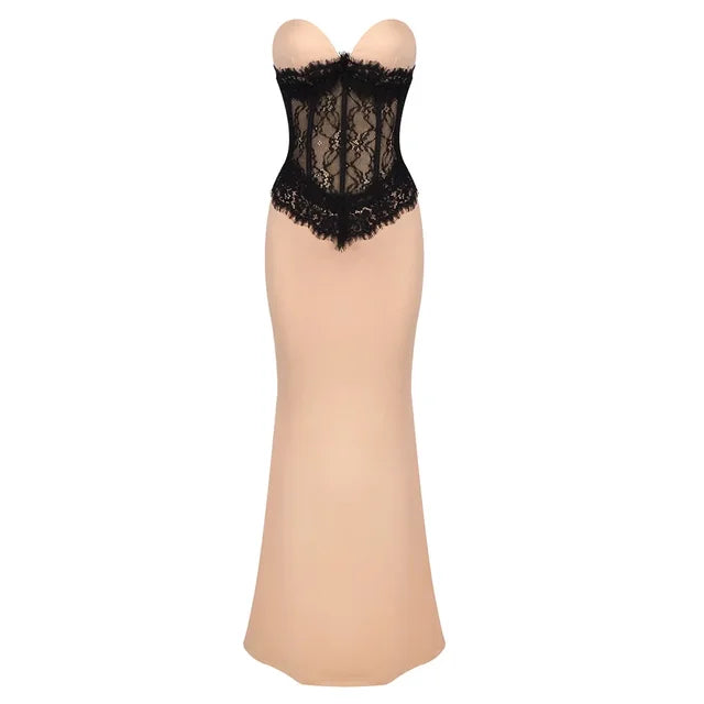 🖤 Robe longue « Mirage d’Obsidienne » – Nude & dentelle noire