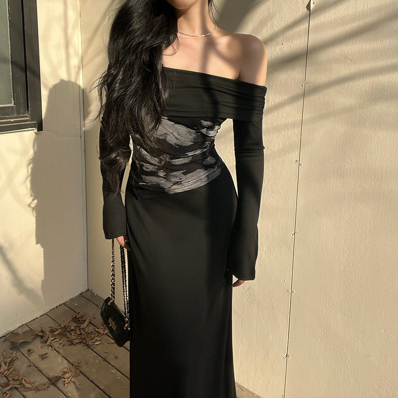 🖤 L’Étreinte de l’Ange Déchu — Robe Longue Noire Asymétrique