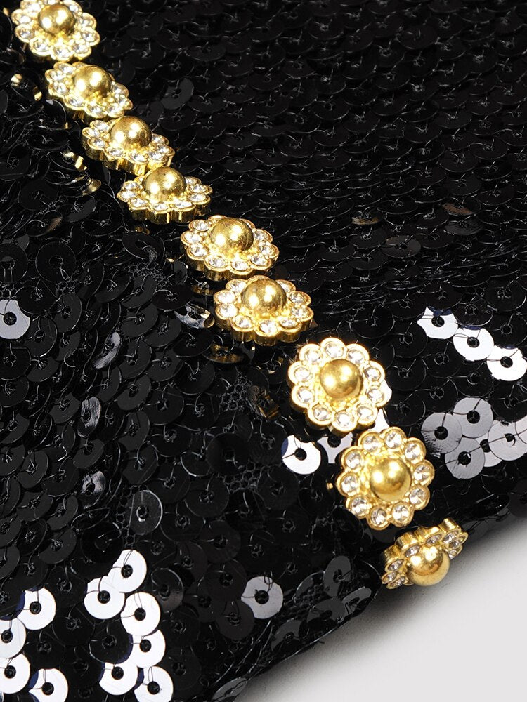 Robe de soirée noire à sequins & ornements dorés – Élégance nocturne