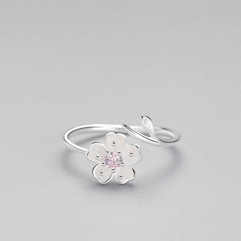 Bague Fleur de Prunier – Argent 925, Zircons & Émail
