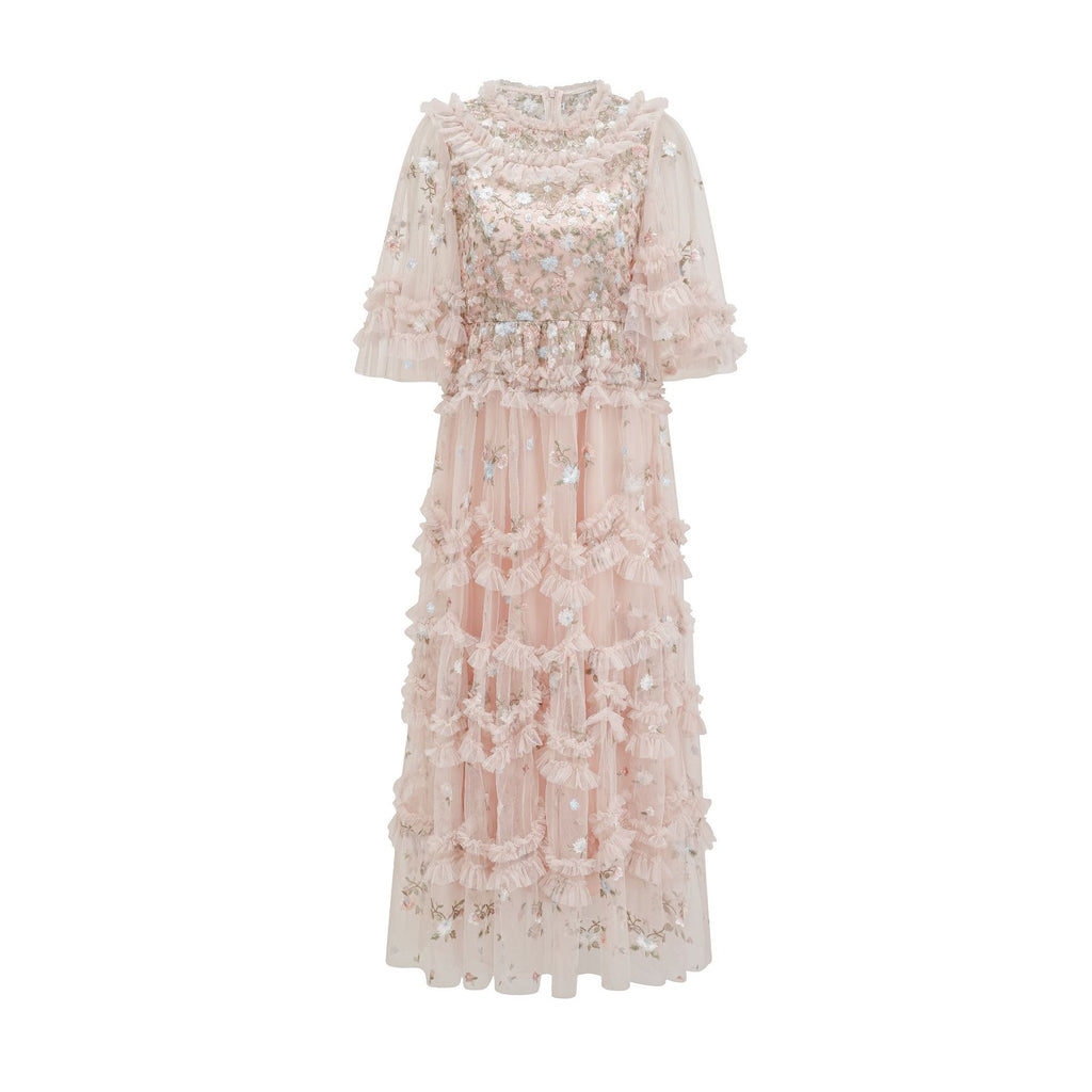 🪽 Robe Longue « Rosée des Anges » – Tulle Brodé Rose Poudré