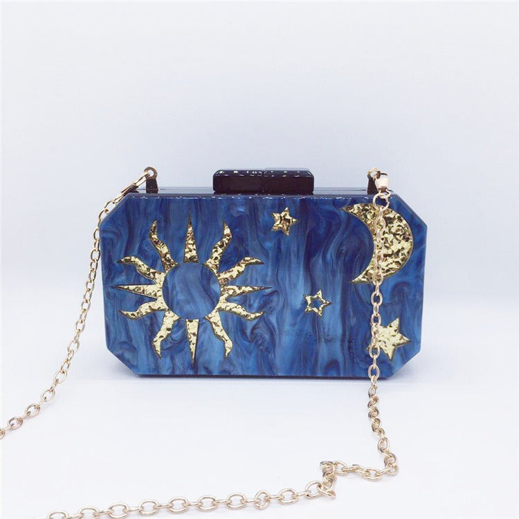 🌙 Minaudière Céleste Soleil & Lune – Bleu Nuit Doré