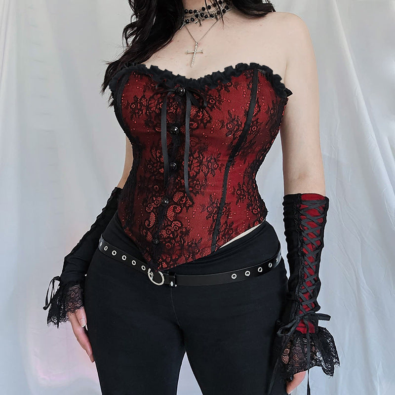 Bustier Corset Rouge & Noir en Dentelle – Étreinte Vampirique