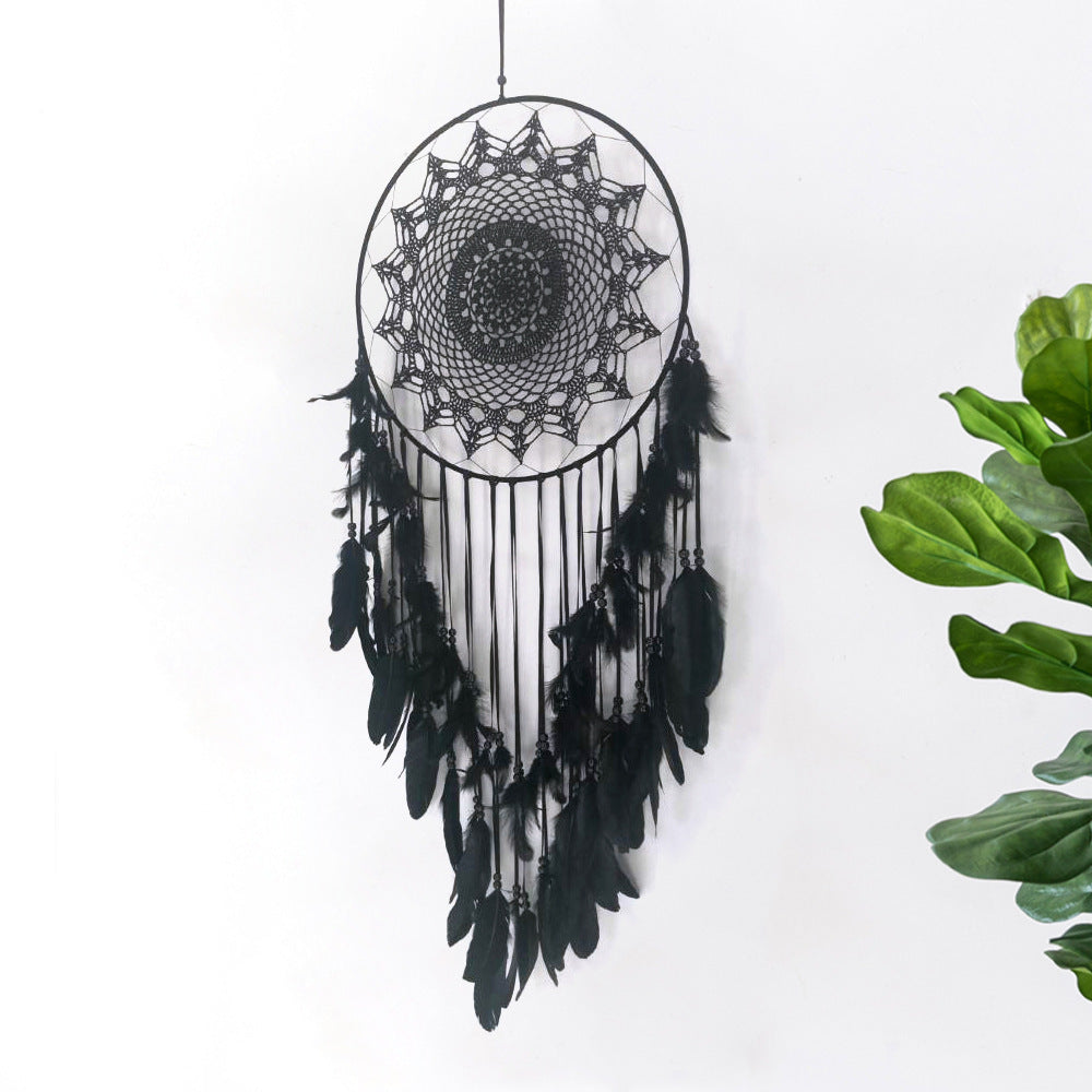 Attrape-Rêves Noir en Dentelle & Plumes – Voile des Songes