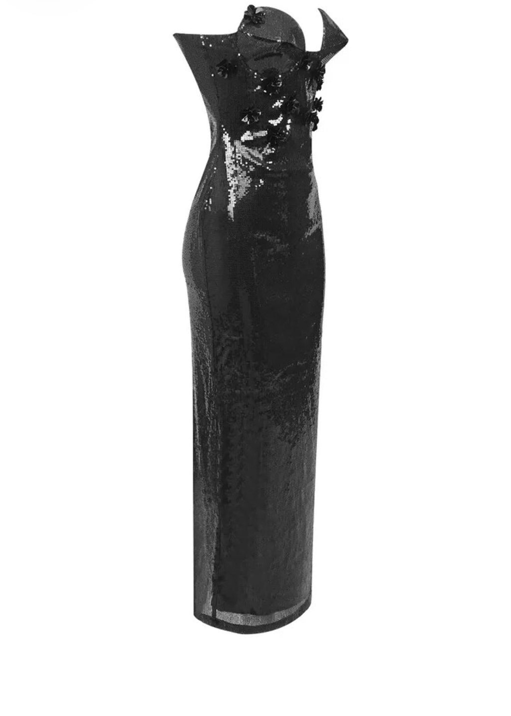 Robe Féline de Minuit – Sequins & Fleurs Noires