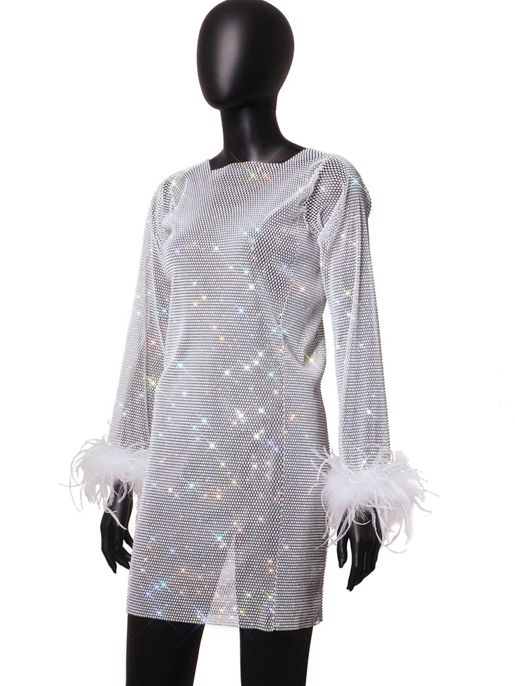 Robe Ange de Givre – Strass Scintillants & Plumes