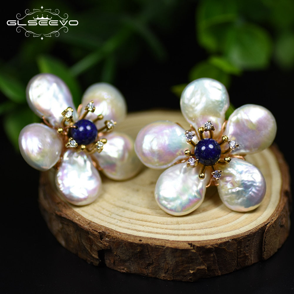Fleurs de Givre — Boucles d’oreilles en Perles Baroques & Lapis-Lazuli