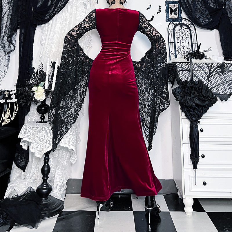 Robe Vampire Écarlate – Velours Rouge & Dentelle Noire